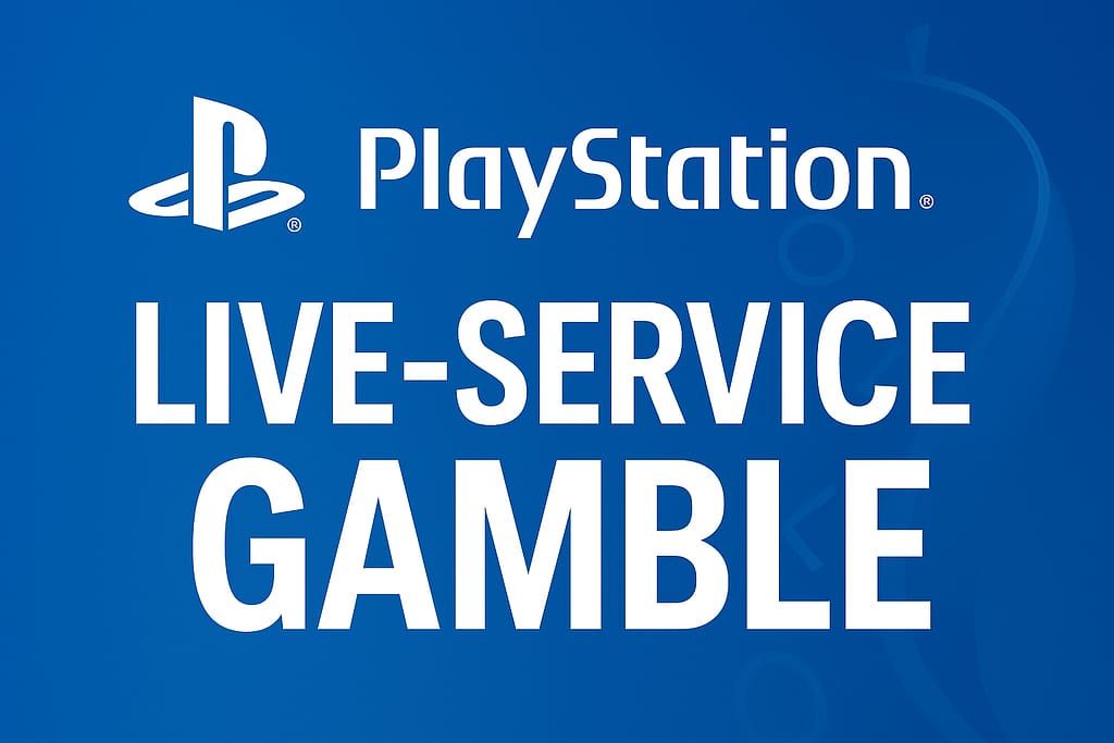 ChatGPT Image Aug 24, 2025, 11_26_25 PM - NewsNation Online PlayStation logo on a blue background with the text 'LIVE-SERVICE GAMBLE'.