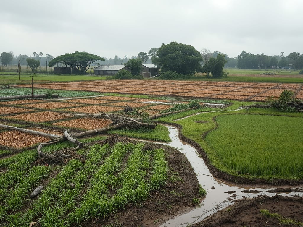 jalna-bhari-barish-nuksan-2025-agricultre-distroyed - NewsNation Online खेतों का दृश्य जिसमें हरा धान, सूखी जमीन और पानी की धारें हैं, बादल भरे आसमान के साथ।